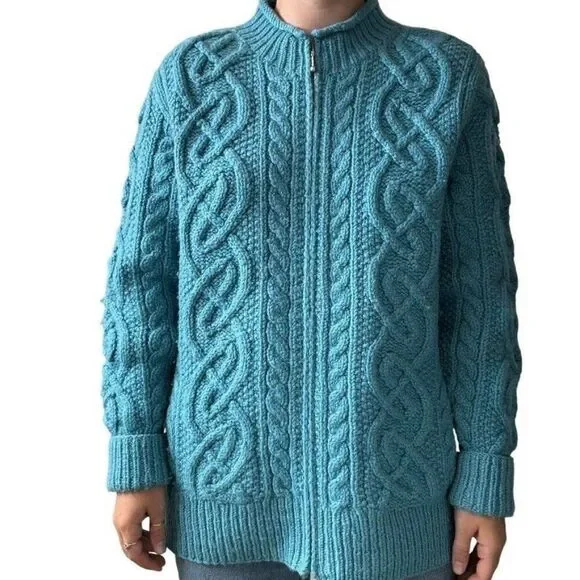Vintage Womens Teal Blue 100% Wool Chunky Fisherman Celtic Cardigan Sz L - Picture 1 of 6